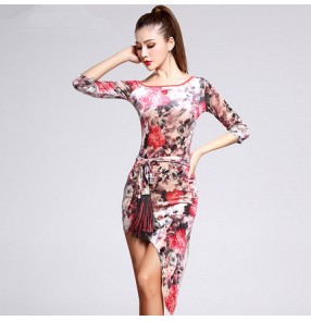 Pink rose floral printed velvet middle long sleeves side split texedo length women's ladies performance competition salsa cha cha dance dresses outfits